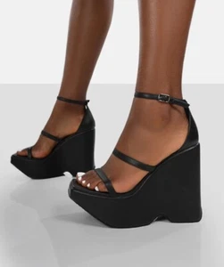 public desire DUKE BLACK STRAPPY SQUARE TOE PLATFORM WEDGE HIGH HEELS size 6 new - Picture 1 of 5
