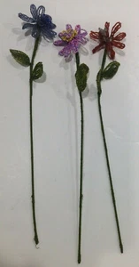 French Beaded Flowers in Blue, Red & Pink w/ leaves, 13" inches tall - Picture 1 of 2