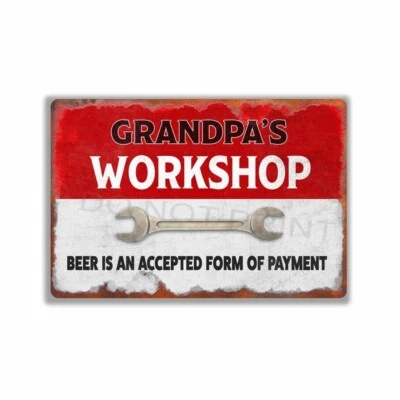 Personalized Grandpas Workshop Sign Rustic Red OVER White METAL SIGN or DECAL - Image 1 of 4