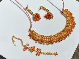 Antique style Chohan Jewellery set necklace earrings tikka gold diamante - Picture 1 of 12