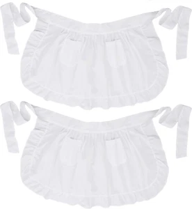 Twin Pack Retro Kitchen Ruffles Waist Apron with Pockets (White) - Picture 1 of 6