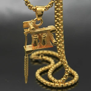 Steampunk Tattoo Gun Machine Necklace Pendant Men Biker Rocker Charm Gold Plated - Picture 1 of 15