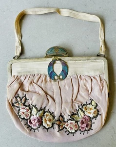 Antique Victorian French silk embroidered floral handbag purse with enamel clasp - Bild 1 von 8