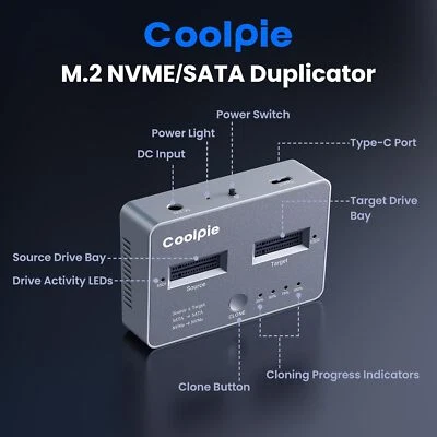 COOLPIE NVME SATA M.2 SSD Docking Station Duplicator 6TB SSD Solid State Drive Enclosure