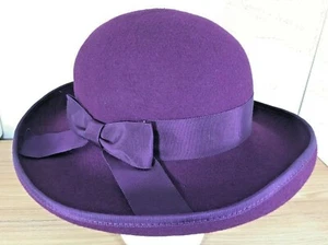 Vintage Laura Ashley Womens Purple Hat Ribbon Bow Felt British UK Brim Elegant - Picture 1 of 12