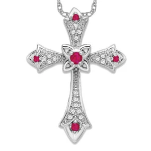 14K Solid White Gold Ruby Diamond Fleur De Lis Cross Floating Chain Slide ... - Picture 1 of 4