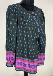 Anna Sui Silk Blouse Colorful 3/4 Sleeve Spring Boho Floral Geometric Size 8 USA - Picture 1 of 12