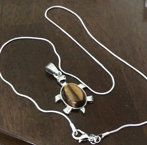 Tigers Eye Turtle Pendant w/ 20” chain marked .925 Free ship - Picture 1 of 1