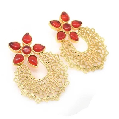 Simulated Red Garnet Quartz Gemstone Feather Gold Plated Stud Earring 2 M968 - Image 1 of 4