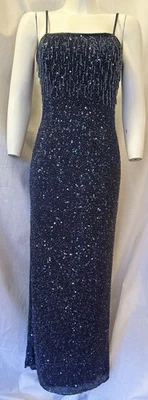 VTG Y2K Scala Blue Silk Beaded Fringe Sequin Formal Prom Maxi Dress SZ S/M - Image 1 of 4