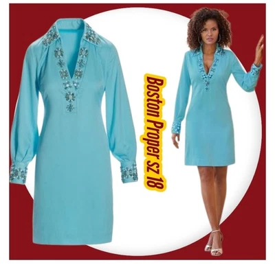 Vestido túnica Boston Proper para mujer azul topacio cuello en V cambio cuentas talla 18 Foto 1 de 4