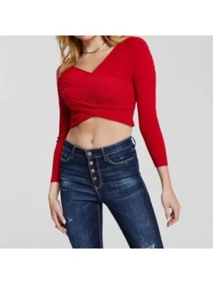 GUESS Womens Red Crisscross Front Long Sleeve Evening Crop Top Sweater XL - Image 1 of 3