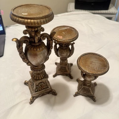 Lot Of 3 Antiqued Gold Finish Pillar Candlesticks Ornate Gilded Wood Heavy - Image 1 of 4