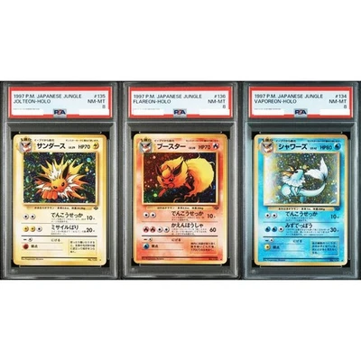 PSA 8 Vaporeon Jolteon Flareon Jungle 134 135 136 Set Pokemon Card Japanese 1997 - Image 1 of 2