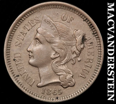 1865 Three Cent Nickel - Scarce  Almost Uncirculated++  Better Date  #F5120 - Image 1 of 2