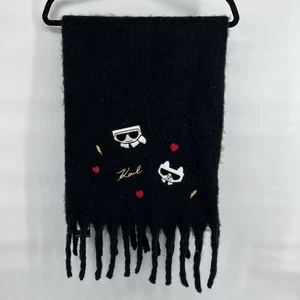 NWT Karl Lagerfeld Paris Women’s Fuzzy Scarf Cat Logo Black Chunky Knit Oversize - Picture 1 of 8
