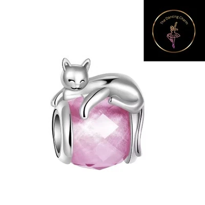 🩷 Cat Pink Murano Glass Bead Charm Cat Lover Genuine S925 Sterling Silver 🩷 - Image 1 of 4