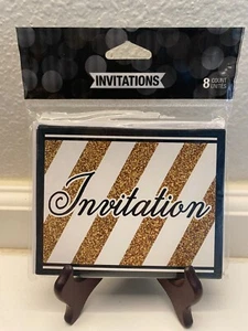 Black & Gold Birthday Party Folded Invitations w/Envelopes 8 count - Picture 1 of 2