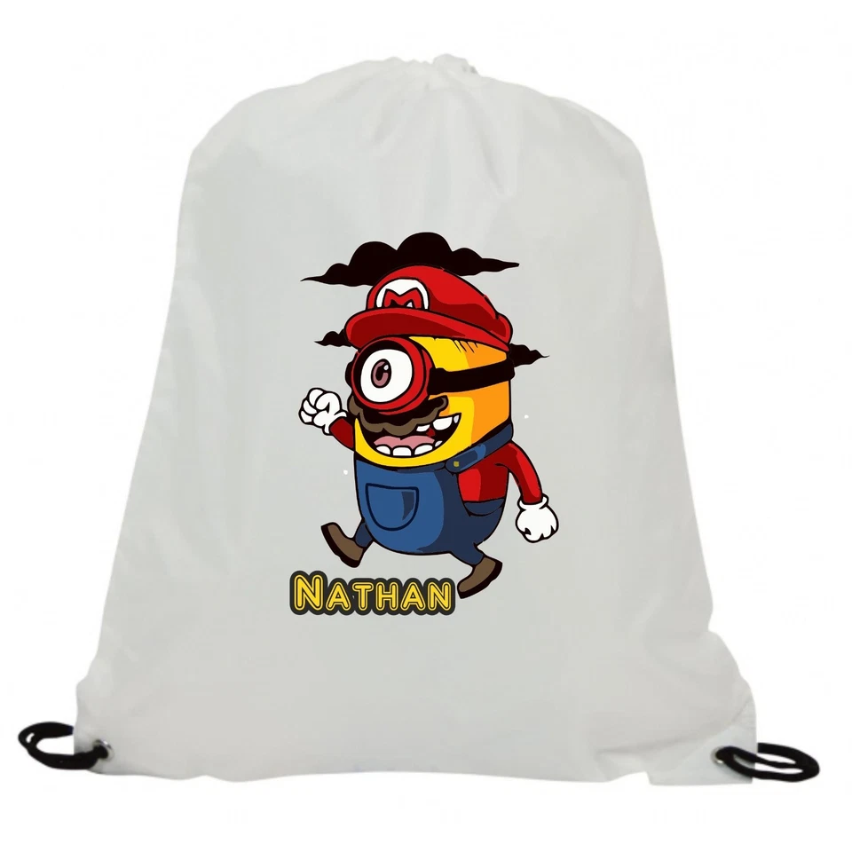 PERSONALISED MARIO MINION SUBLIMATION GYM SWIMMING SCHOOL PE DRAWSTRING BAG - Image 1 of 1