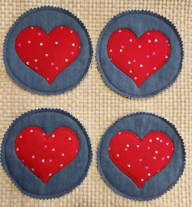 Valentine's Day Applique Hearts on Denim Set of 4 Handmade Drink Coasters - Picture 1 of 5