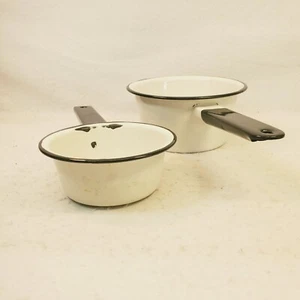 VTG Enamel Ware Pot Sauce Pan White & Black Primitive Farmhouse Decor Set Of 2 - Picture 1 of 18