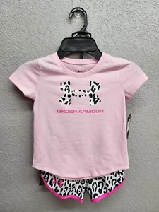 Under Armour Girls Sz 4 Tshirt/Short Set - Pink/Wht & Blk Cheetah Logo NEW TAGS - Picture 1 of 17