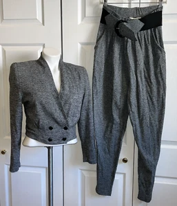 VTG 80's D'Knits Outfit Cropped Double Breasted Jacket Pants Marled Gray Sz M - Picture 1 of 10