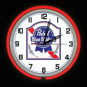19" Pabst Blue Ribbon PBR Beer Red Double Neon Clock Chrome Finish - Picture 1 of 2