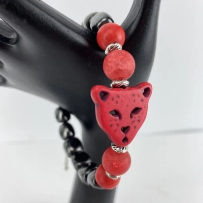 Pulsera Red Big Cat Cristal Negro Piedra Hematita Tono Plata Boho Ajustable Foto 1 de 4
