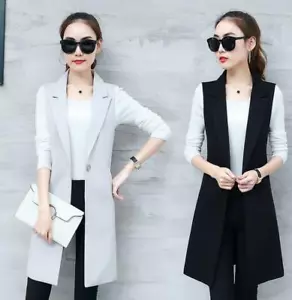 Women Sleeveless Lapel Coat Long Cardigan Jacket Suit Elegant Waistcoat Vest - Picture 1 of 12