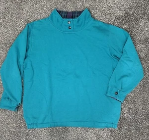 Vintage Metropolitan Teal Turquoise Sweatshirt Plaid Trim Size Large Turtleneck - Picture 1 of 5