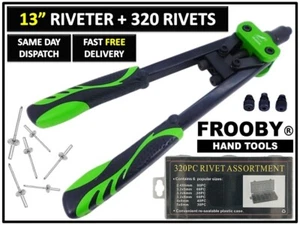 13" HEAVY DUTY RIVET GUN HAND RIVETER TOOL + 320 RIVETS 3 HEAD NOZZLES UK 23-55 - Picture 1 of 6