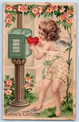 Postal de San Valentín Ángel con corazón a mi cariño amor sostener la luz HTL en relieve Foto 1 de 2