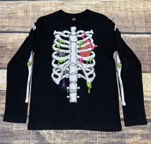 Halloween Youth Long Sleeve T Shirt Black Bones Ribs Skeleton Guts Size XXL 18 - Picture 1 of 10