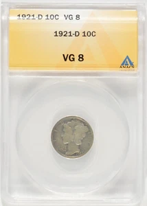1921-D Mercury Silver Dime 10c ANACS VG8 5231932 - Picture 1 of 4