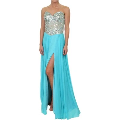 Terani Couture Gown NEW + Tags Corset Dress Chiffon Slit Aqua Crystals Nude - Image 1 of 4