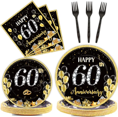 96 шт. бумажных тарелок и салфеток для вечеринки на 60-ю годовщину свадьбы золотистые черные - Изображение 1 из 4