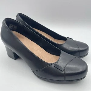 Clarks Rosalyn Belle Round Toe Black Leather Heels Pumps, Size 9W! - Picture 1 of 7