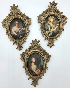 Vtg Italian Ornate Oval Frames Baroque Style w Ladies Portraits on Silk 3 READ - Picture 1 of 8