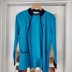 Ming Wang Cárdigan Chaqueta Concha Top Conjunto Mujer XS/S Pequeño Azul Negro Detalle Tejido - Imagen 1 de 16