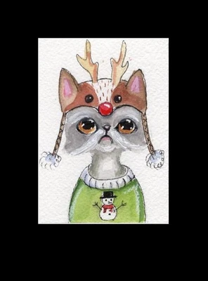 ACEO праздничный персидский кот Рождество оригинальный причудливый акварель искусства - Изображение 1 из 4