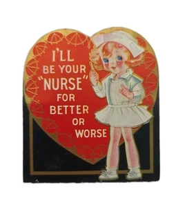 Vintage Valentinskarte Ich werde deine Krankenschwester zum Besseren oder Schlechteren Falten 1936 Herzen - Bild 1 von 9