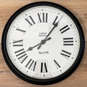 Pottery Barn Union Station No. 570 12 Inch Wall Clock Round Black Works Great! - Picture 1 of 10