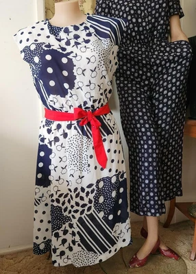 Vestido de Colección Años 80 Azul y Blanco Multi Patrón Inteligente Ropa de Día con Cinturón Talla 14-16-18 1/2 Foto 1 de 4