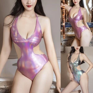 Pink/Silver Faux Leather Wetlook Bodysuit Leotard Jumpsuit Sleepwear Nightwear - Picture 1 of 36