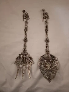 BAROQUE STYLE BRASS SERVING FORK & SPOON - ITALY - ORNATE LION - MAN - NEPTUNE - Picture 1 of 6