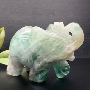 335G Natural Fluorite Quartz Carved Elephant Skull Crystal Reiki Healing Gift