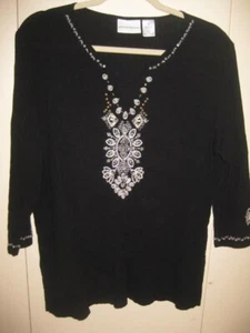 Alfred Dunner 100% Crinkle Baumwolle Top in schwarz Gr. L bestickt & Holzperlen - Bild 1 von 8