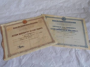 Certificado de acciones de colección Stocks Bonds acciones union des Cooperateurs Lorraine - Imagen 1 de 3