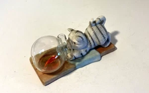 Porcelain Tabby Cat in Stare-Down with Goldfish in Bowl Figurine - Picture 1 of 8